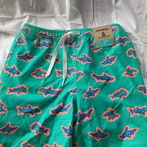 chubbies Teal Swim Shorts with Neon Shark Print